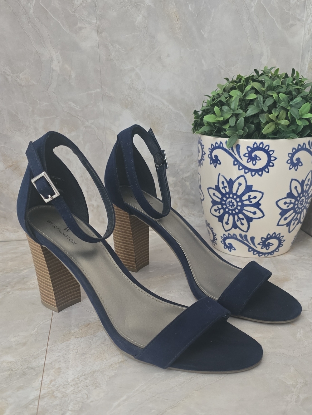 Worthington Navy Suede Block Heel Sandals with Ankle Strap